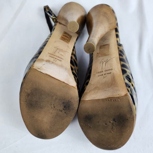 Giuseppe Zanotti Mob Wife Cheetah Print Patent Leather Peep Toe Heels US 7 EU 37 - Picture 10 of 12